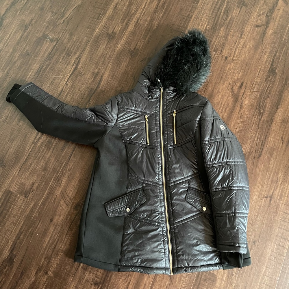 Michael Kors Black Quilted Puffer Coat with Faux Fur Hood
